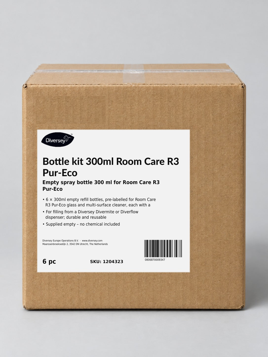 Diversey Room Care R3 Pur-Eco Empty 300ml Spray Bottle Kit – studio image of the box