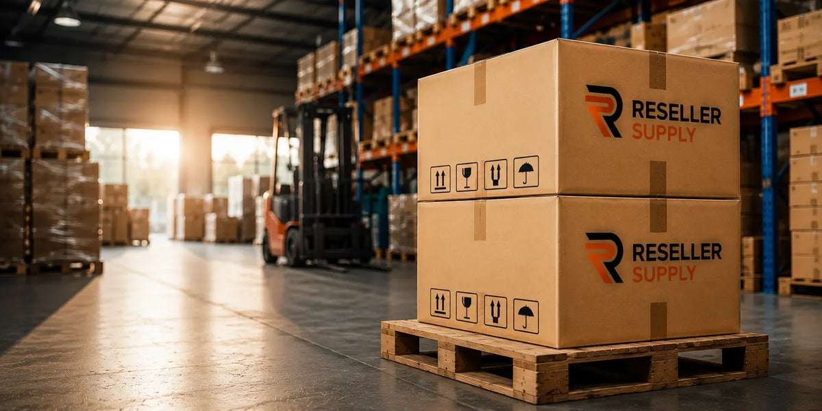 Original Reseller Supply warehouse banner with branded cartons