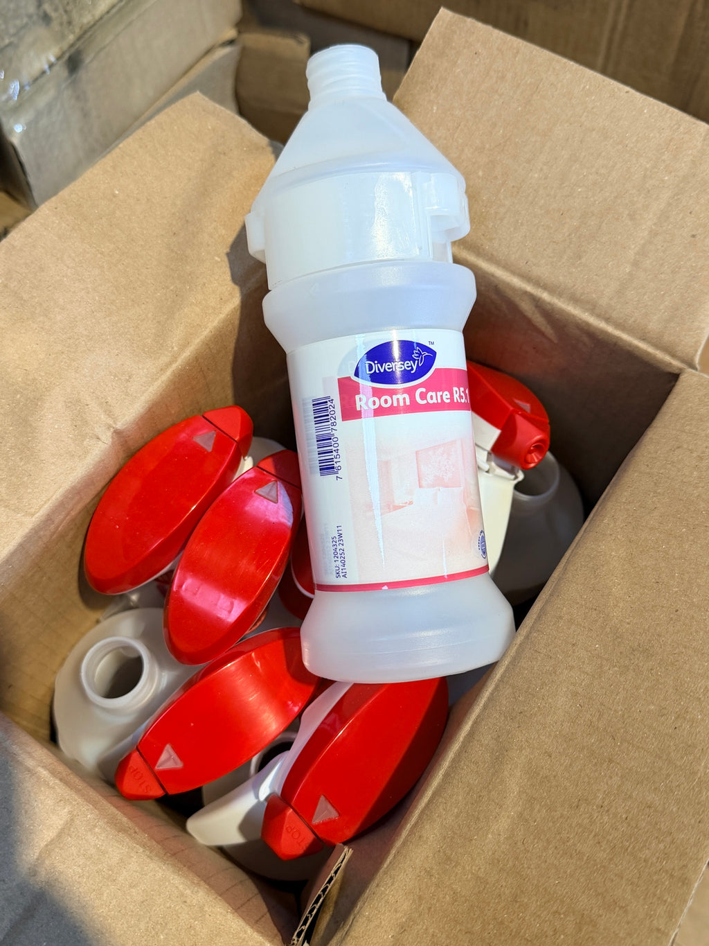 Room Care R5.1 300ml bottles and red trigger sprayers in the box – actual stock