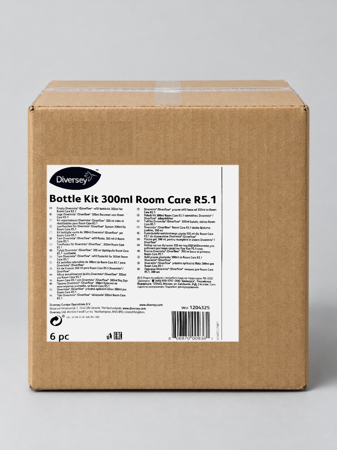 Diversey Room Care R5.1 300ml bottle kit box of 6, 1204325 – studio image with the real box label