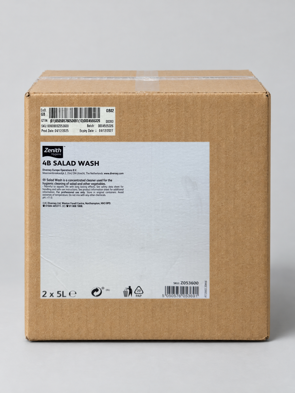 Zenith Hygiene 4B Salad Wash case of 2 x 5L, Z053600 – studio image with the real case labels