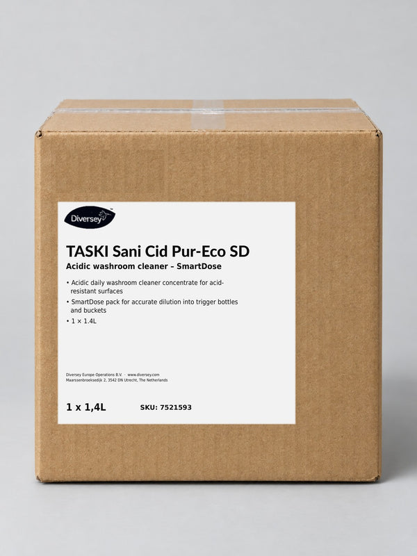 Diversey TASKI Sani Cid Pur-Eco SmartDose W1e Acidic Washroom Cleaner 1.4L – studio image of the pack