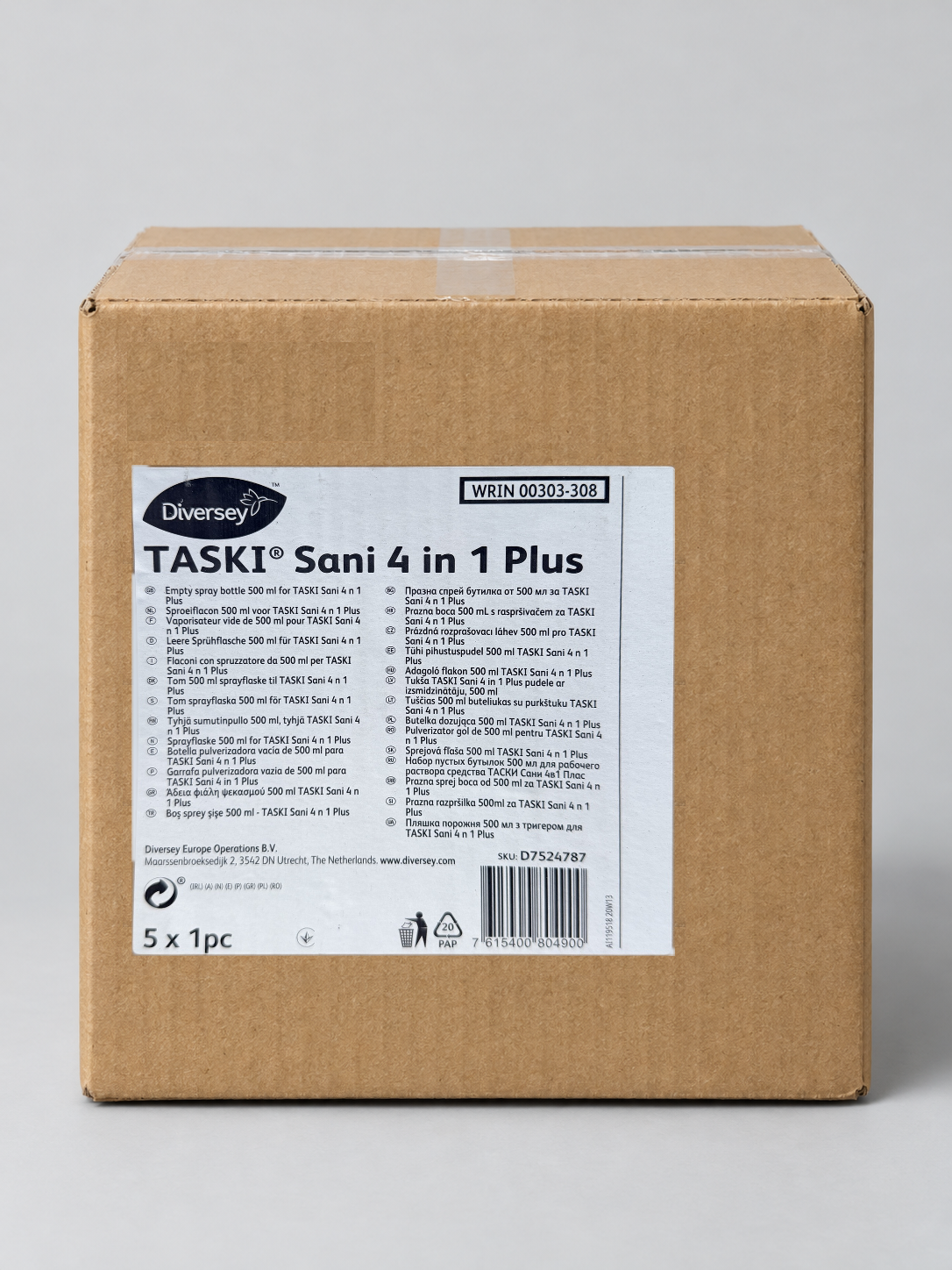 Diversey TASKI Sani 4 in 1 Plus empty 500ml spray bottles, box of 5, D7524787 – studio image with the real case label