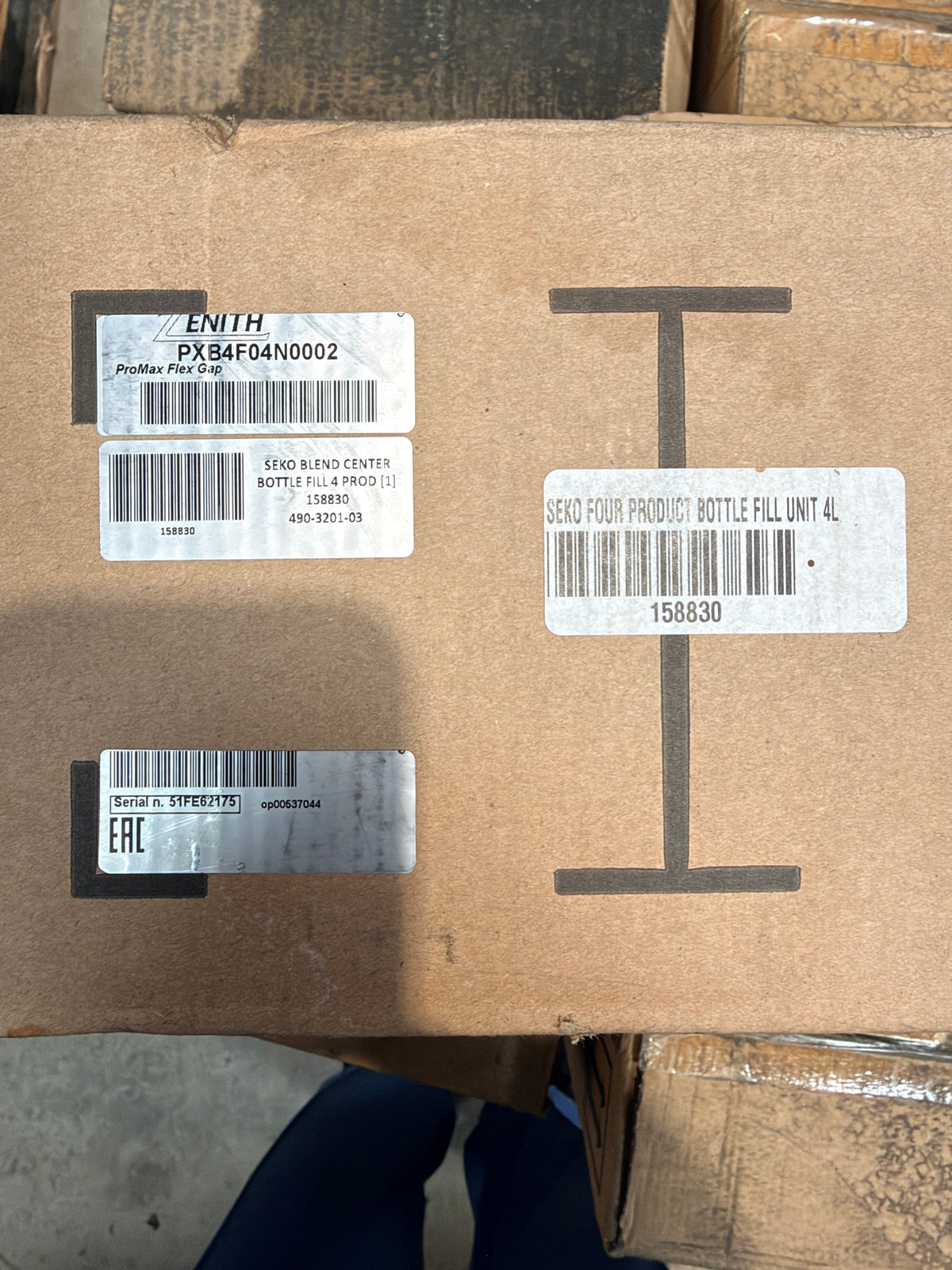 Box labels – Zenith PXB4F04N0002 ProMax Flex Gap, SEKO four product bottle fill unit 4L, 158830