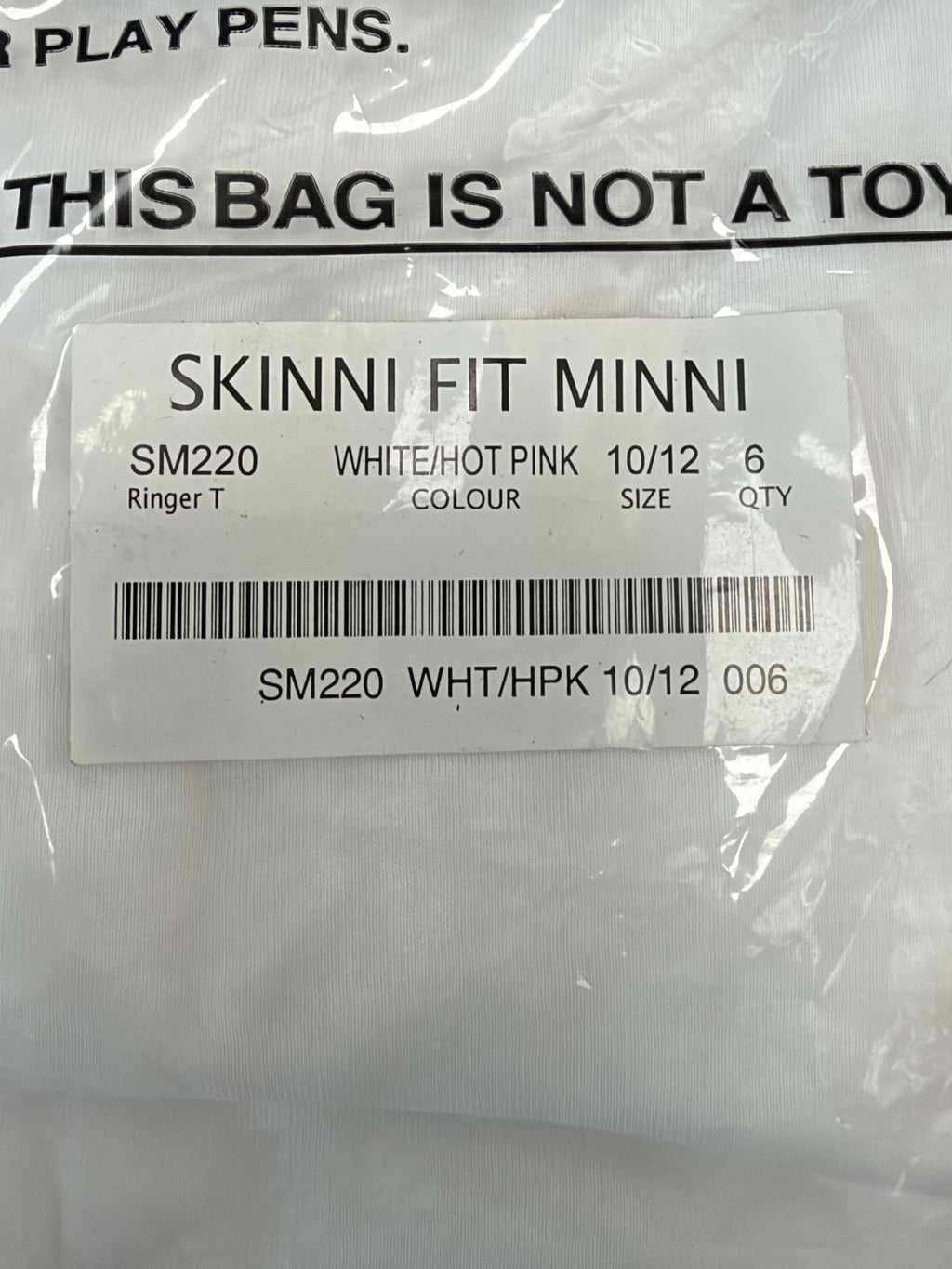 Pack label – SF Minni SM220 White/Hot Pink, age 10/12, qty 6 – actual stock
