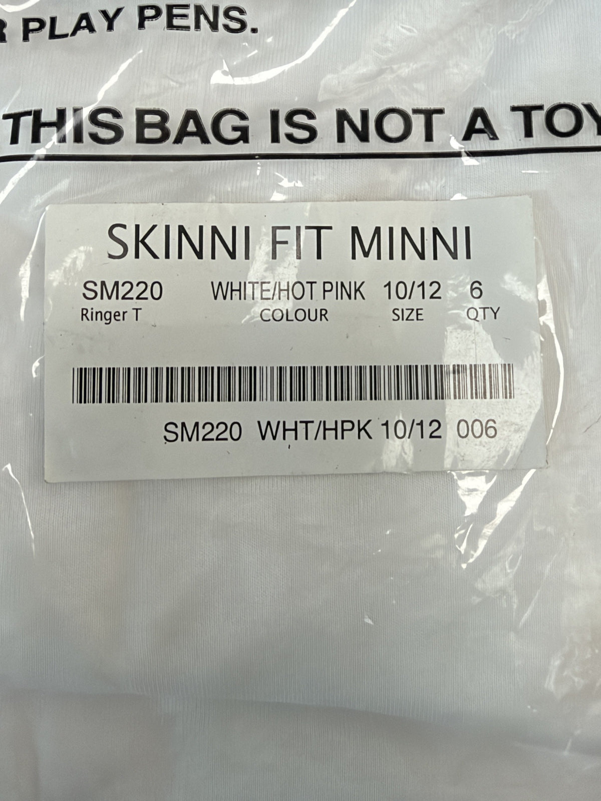 Pack label – SF Minni SM220 White/Hot Pink, age 10/12, qty 6 – actual stock
