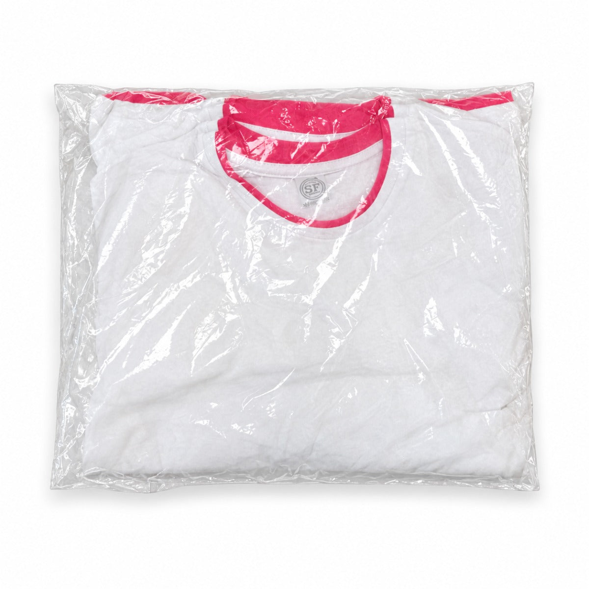 SF Minni SM220 kids' ringer T-shirts, white/hot pink, sealed pack of 6 – studio image of the actual pack