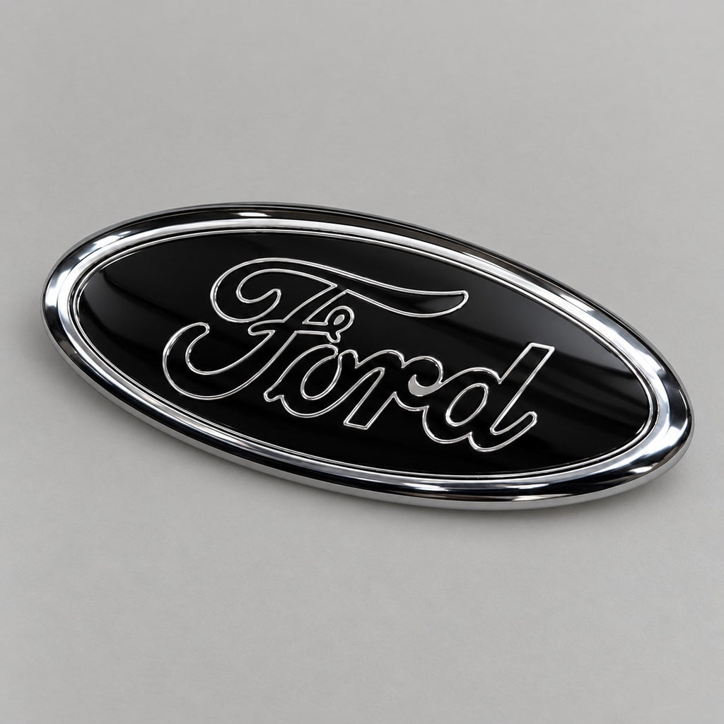 Black and chrome-effect oval badge for Ford – studio photo
