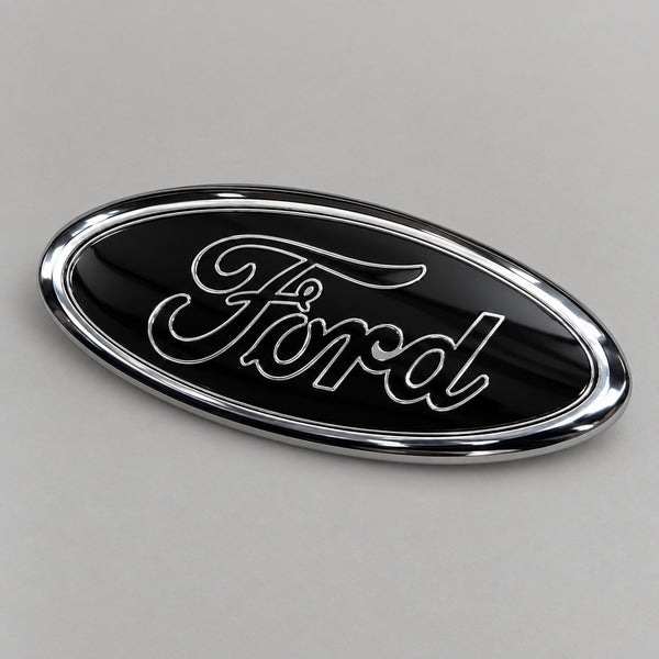 Black and chrome-effect oval badge for Ford – studio photo