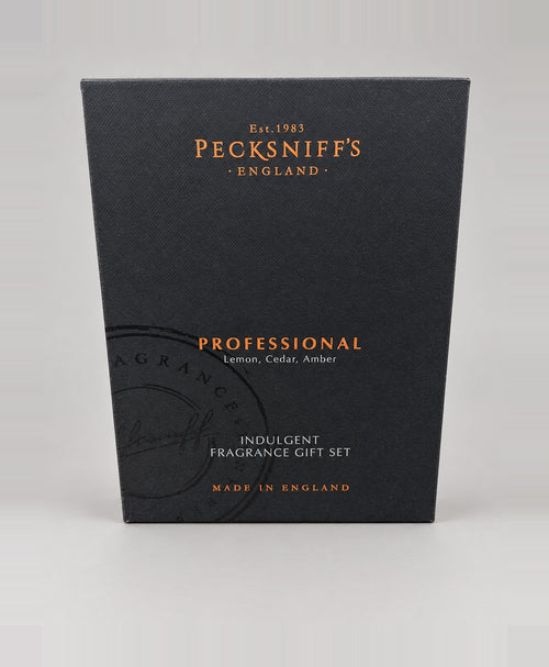 Pecksniff's Men's Professional fragrance gift set – closed box, studio photo