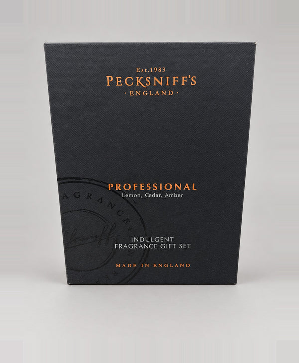 Pecksniff's Men's Professional fragrance gift set – closed box, studio photo