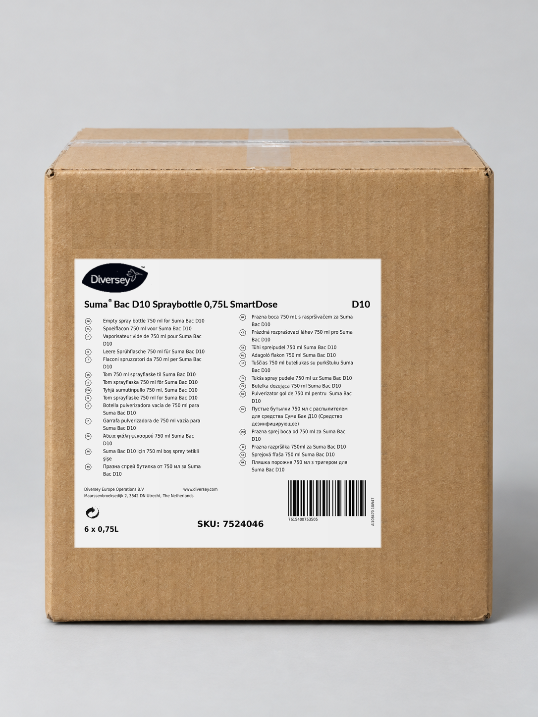 Diversey Suma Bac D10 SmartDose 750ml spray bottle kit box of 6, 7524046 – studio image of the box label