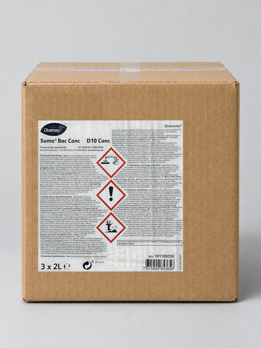 Diversey Suma Bac Conc D10 Conc 3 x 2L Divermite case, 101109350 – studio image with the real case label