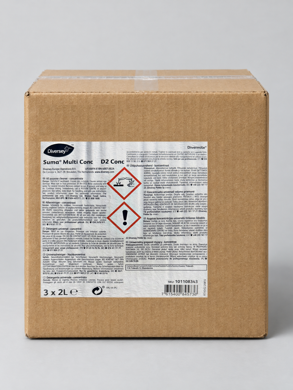 Diversey Suma Multi Conc D2 Conc 3 x 2L Divermite case, 101108343 – studio image with the real case label