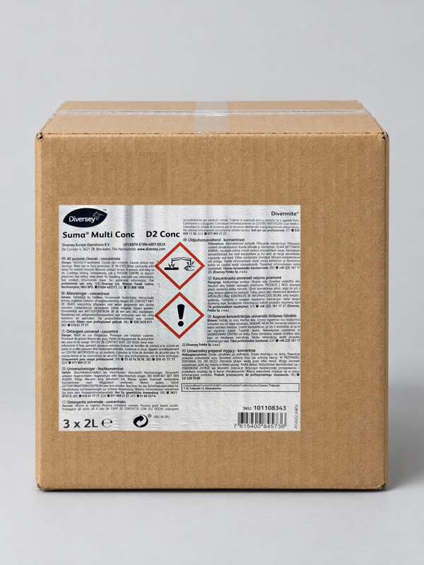 Diversey Suma Multi Conc D2 Conc 3 x 2L Divermite case, 101108343 – studio image with the real case label