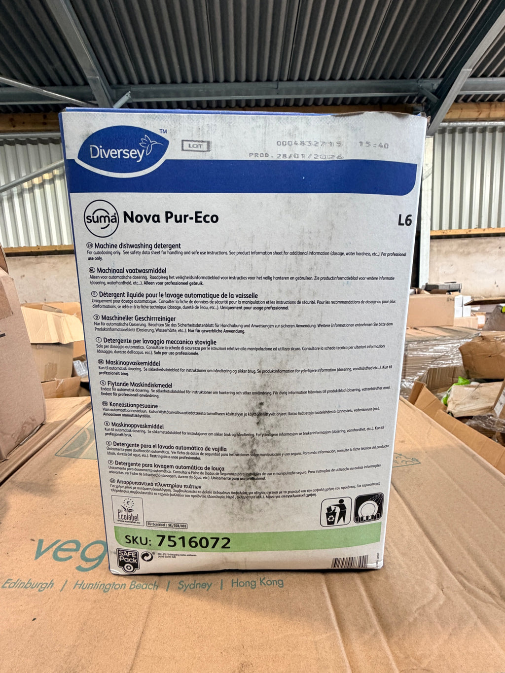 Suma Nova Pur-Eco L6 10L SafePack label – SKU 7516072, production date 28/01/2026