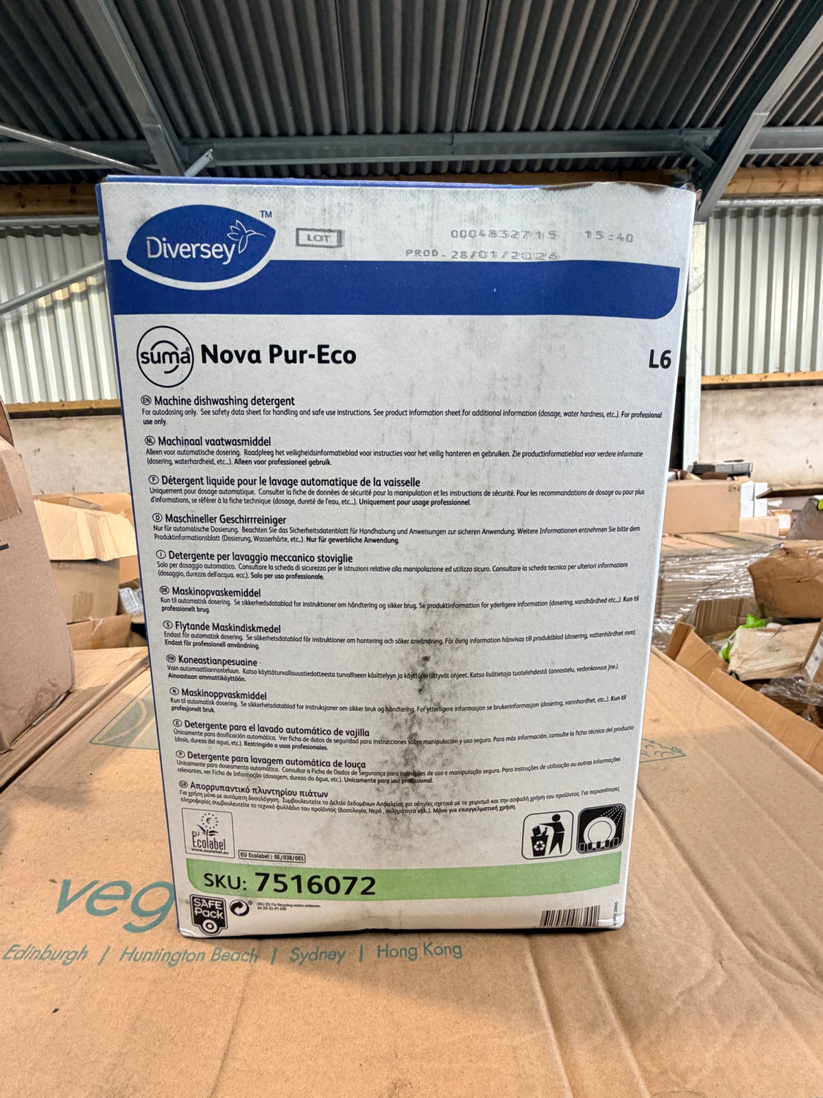 Suma Nova Pur-Eco L6 10L SafePack label – SKU 7516072, production date 28/01/2026