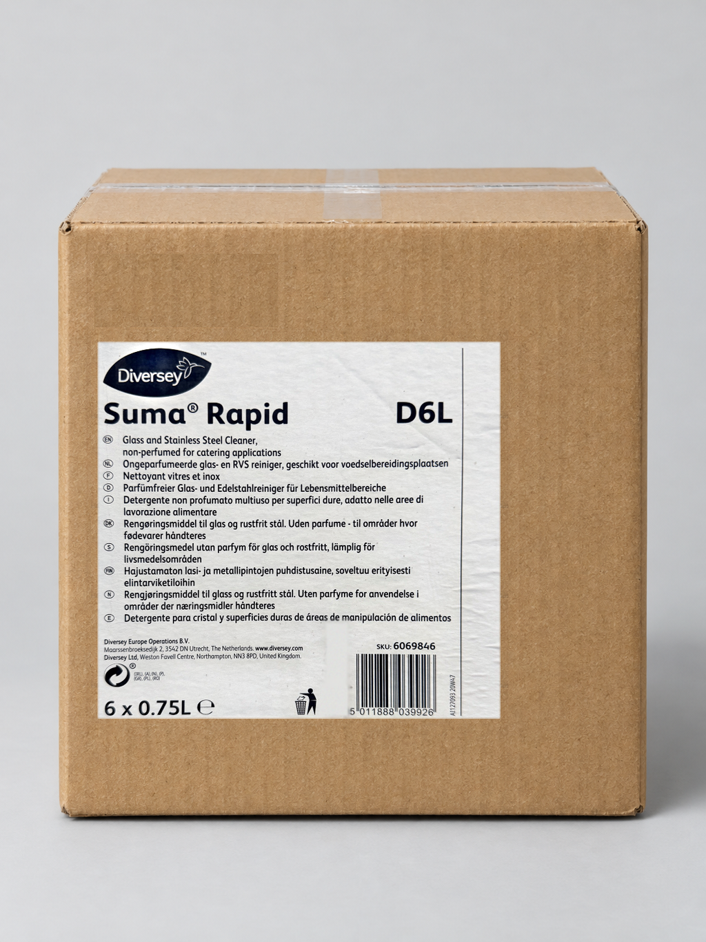 Diversey Suma Rapid D6L 6 x 0.75L case, 6069846 – studio image with the real case label