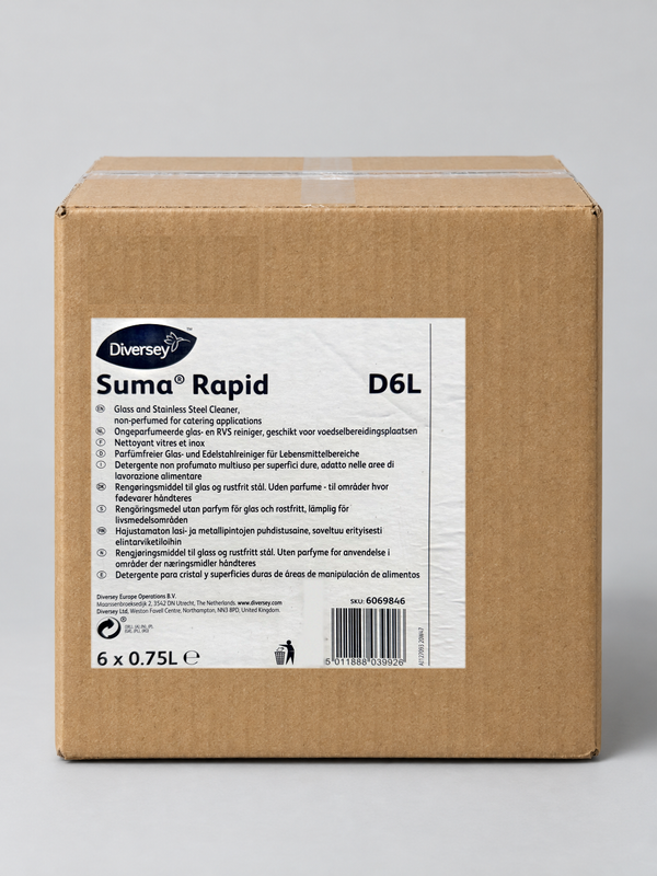 Diversey Suma Rapid D6L 6 x 0.75L case, 6069846 – studio image with the real case label