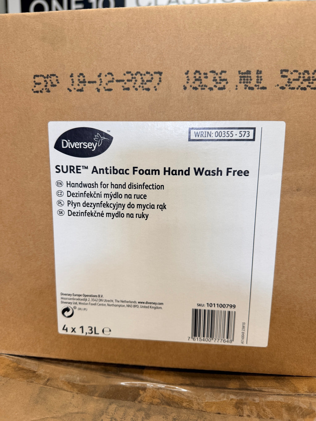 Case label – SURE Antibac Foam Hand Wash Free 4 x 1.3L, expiry 19/12/2027