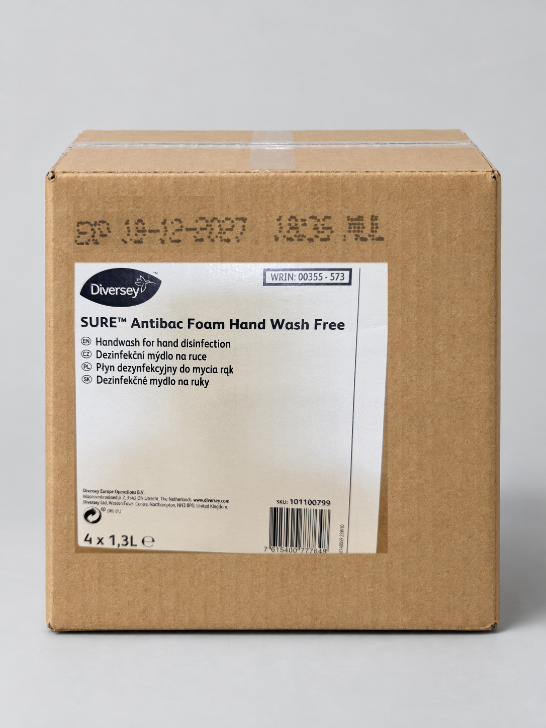 Diversey SURE Antibac Foam Hand Wash Free 4 x 1.3L case, 101100799 – studio image with the real case label