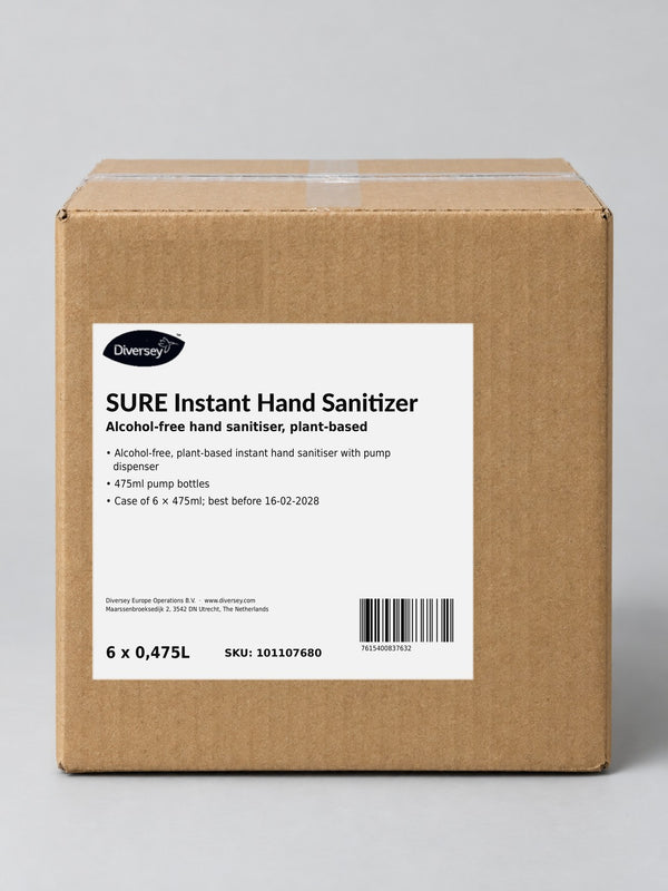 Diversey SURE Instant Hand Sanitizer Pump 6 × 475ml – studio image of the case