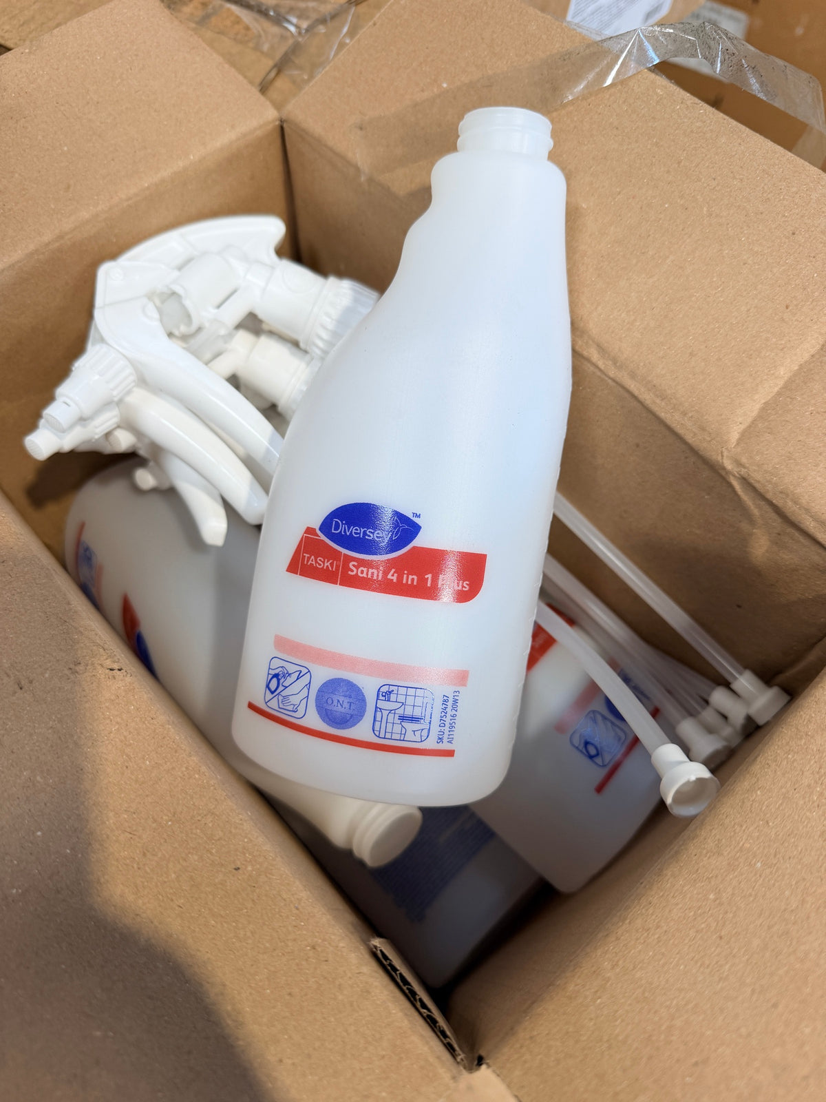 TASKI Sani 4 in 1 Plus empty 500ml spray bottles and triggers in the box – actual stock