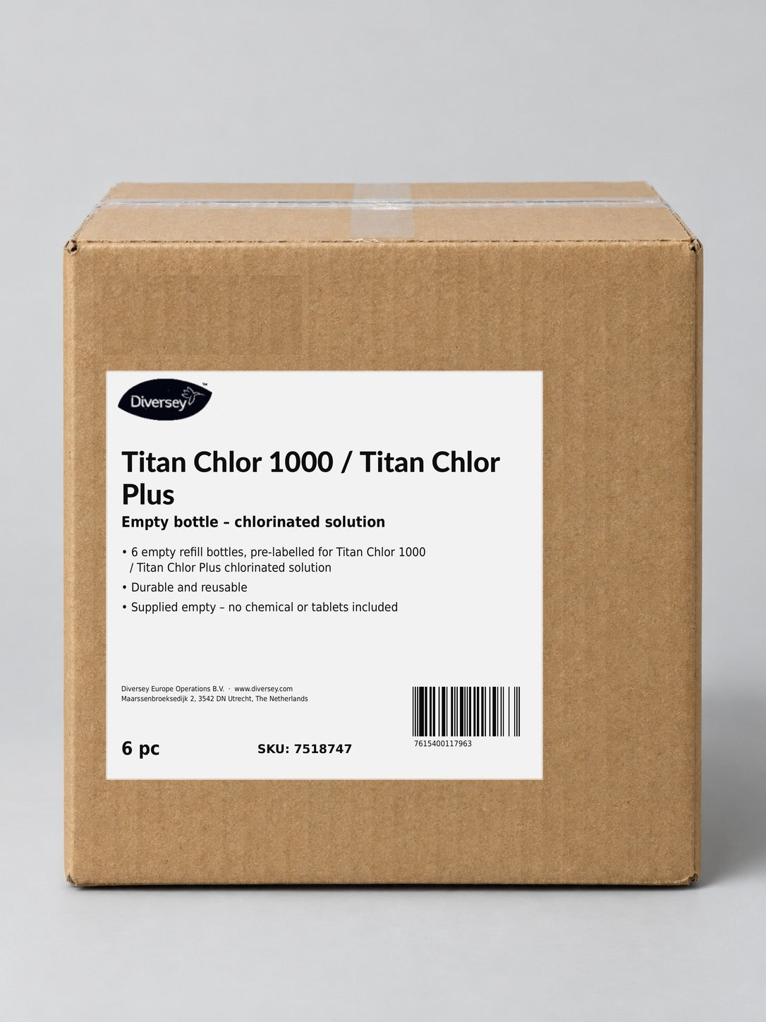 Diversey Titan Chlor 1000 / Titan Chlor Plus Empty Bottle Kit – studio image of the box
