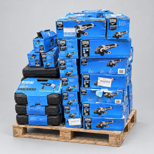 B&Q Customer Returns Pallet – Mac Allister Angle Grinders & SDS+ Drills – studio illustration of the pallet