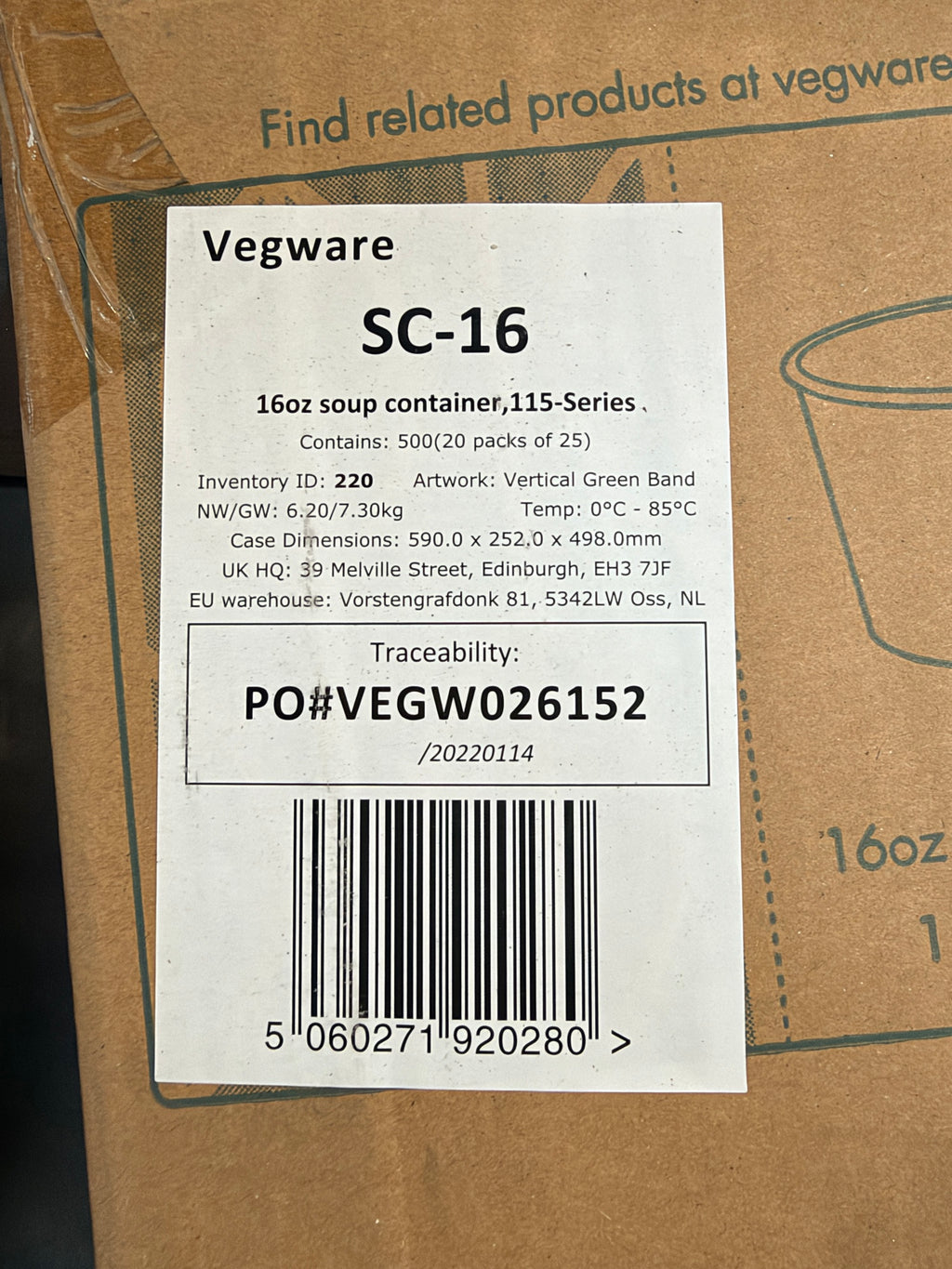 Vegware SC-16 case label – 500 containers, 20 packs of 25, 7.3kg, dated 2022