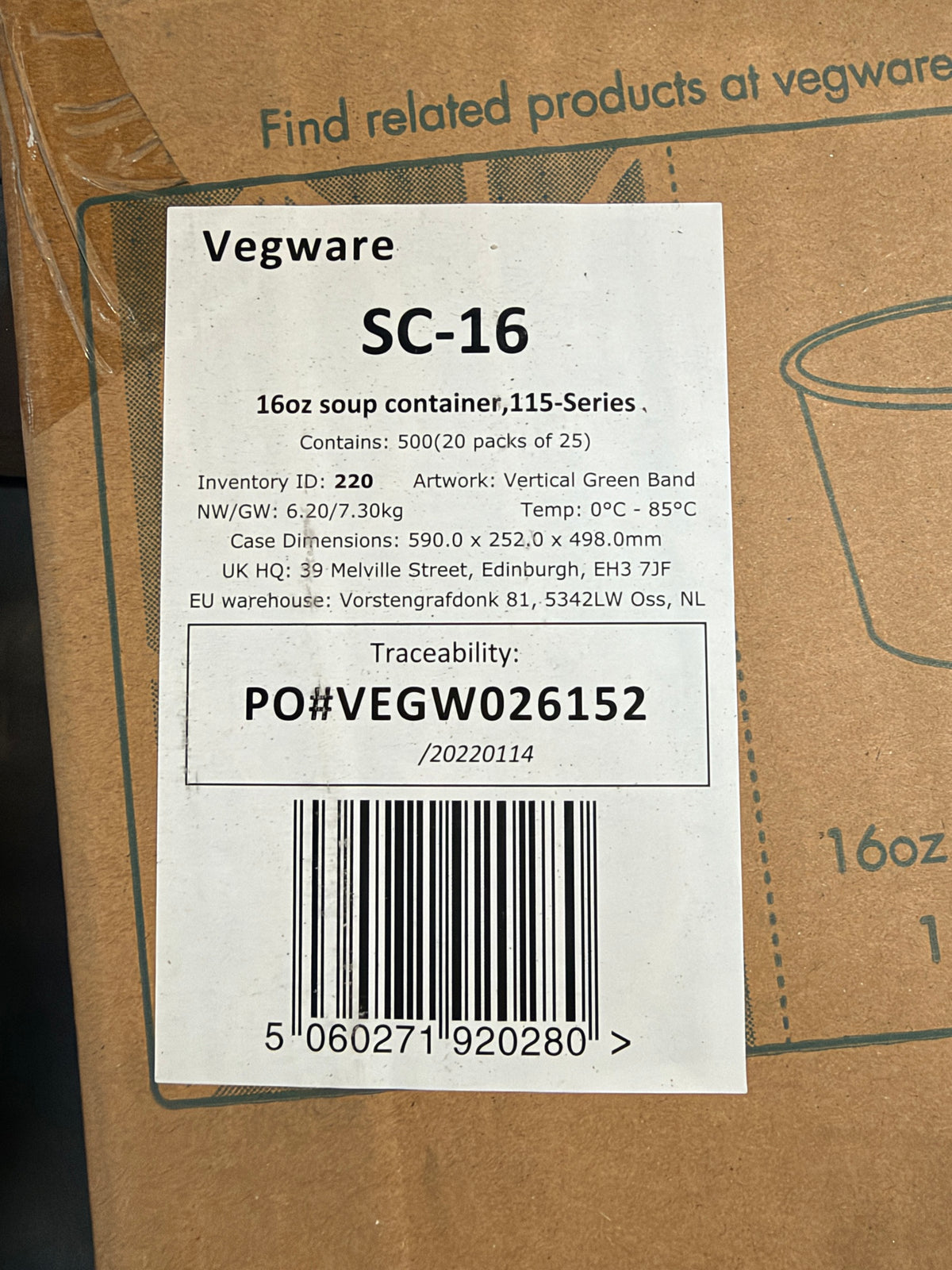 Vegware SC-16 case label – 500 containers, 20 packs of 25, 7.3kg, dated 2022