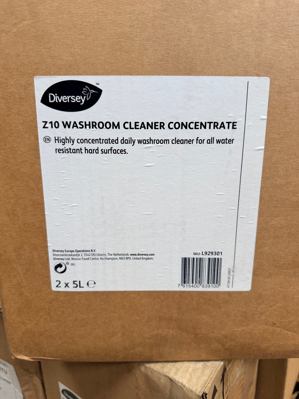 Z10 Washroom Cleaner Concentrate 2 x 5L case label – actual stock