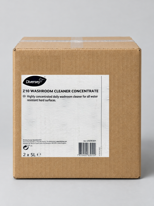 Diversey Z10 Washroom Cleaner Concentrate 2 x 5L case, L929301 – studio image with the real case label