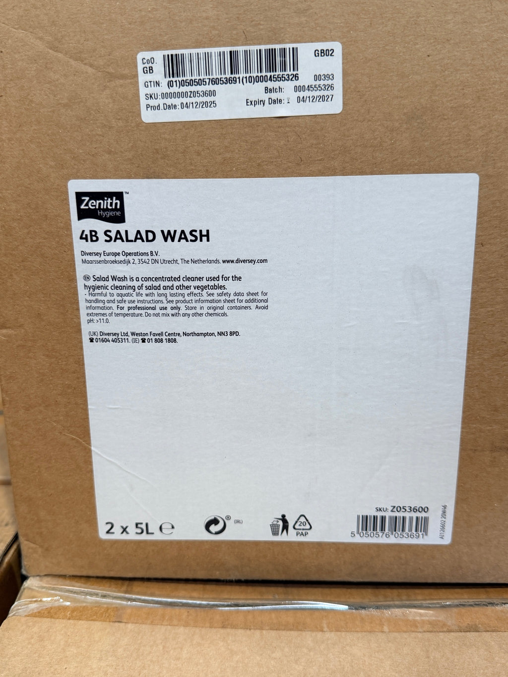 Case label – Zenith 4B Salad Wash 2 x 5L, SKU Z053600