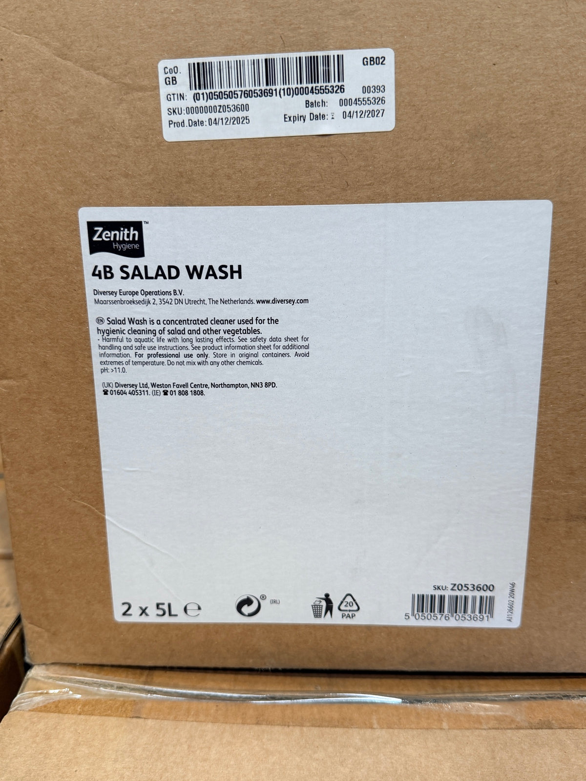 Case label – Zenith 4B Salad Wash 2 x 5L, SKU Z053600