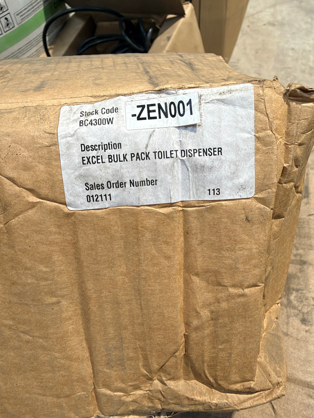 Box label – stock code BC4300W, Excel bulk pack toilet dispenser