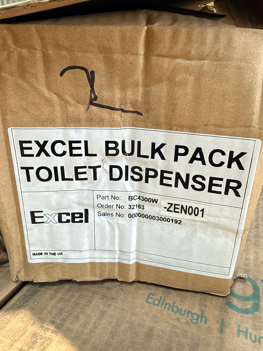 Excel bulk pack toilet dispenser box label – part BC4300W, made in the UK