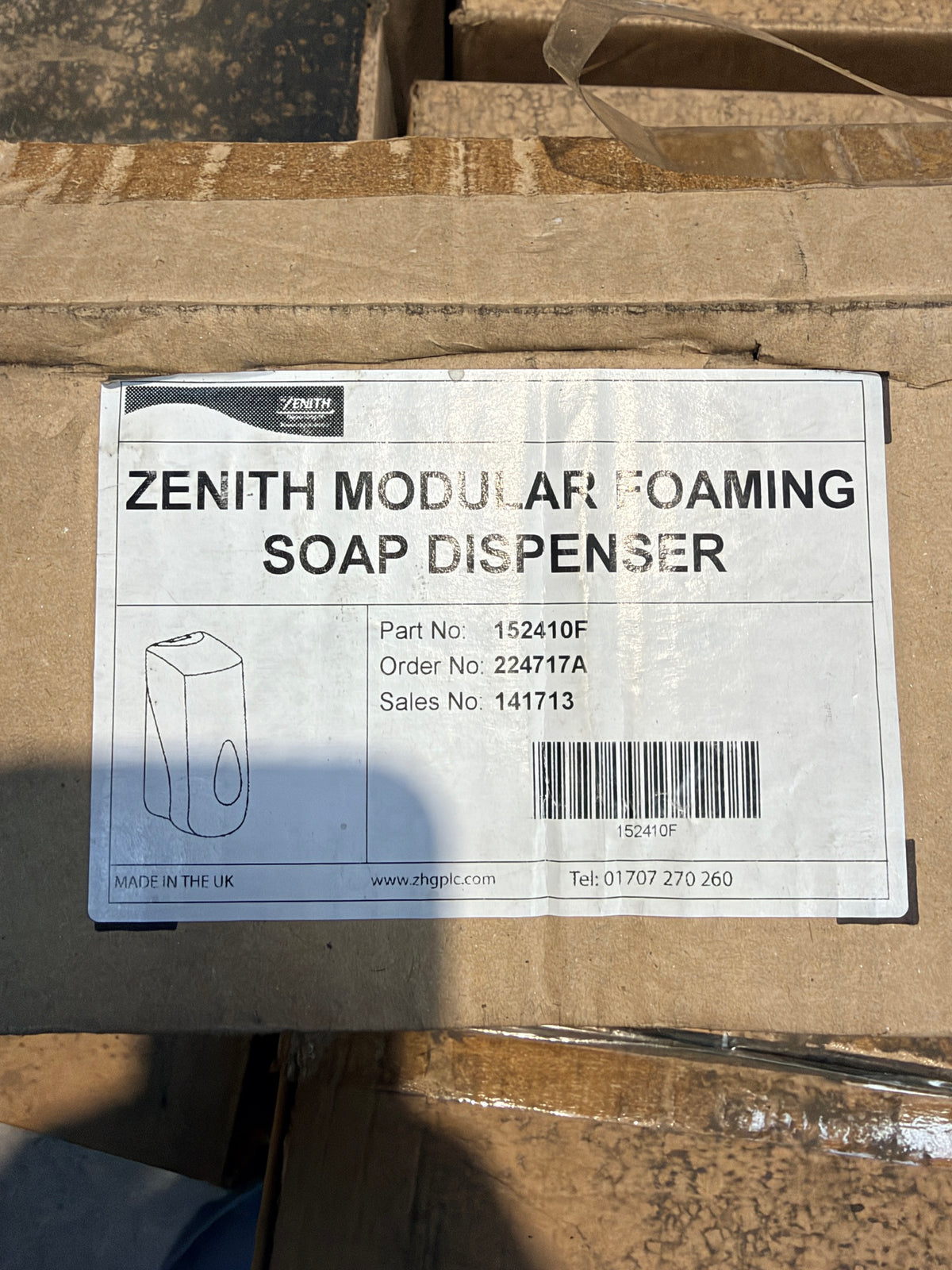Box label – Zenith Modular Foaming Soap Dispenser, part no. 152410F, made in the UK