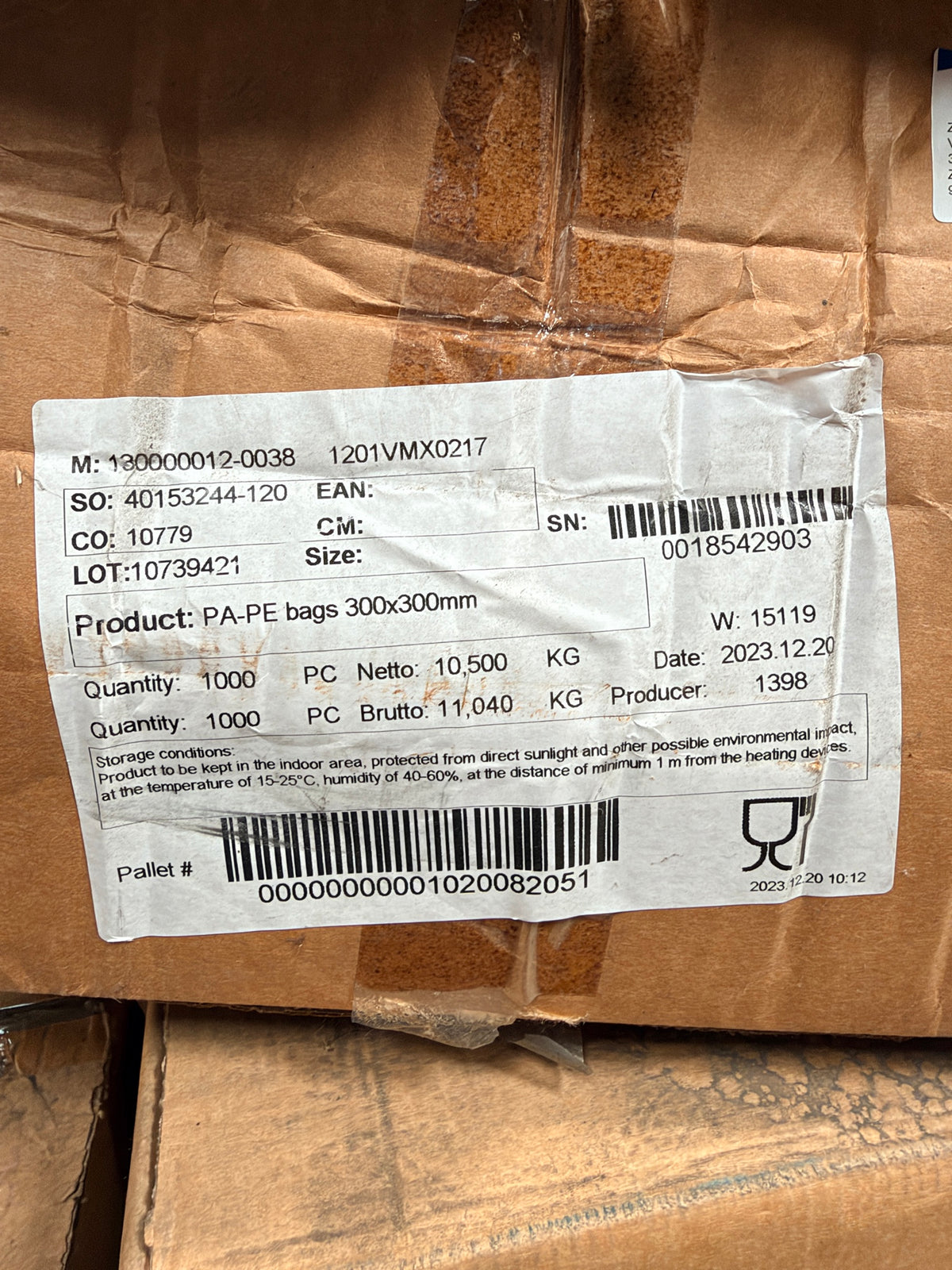 Supplier label – PA-PE bags 300x300mm, 1000 pcs, lot 10739421